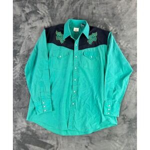 Vintage Western Snap Button Shirt Green Black Embroidered‎ Cowboy Rodeo